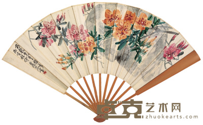王震 1926年作 花卉 成扇 19.5×53cm