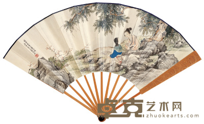刘凌沧 1930年作 双美图 成扇 19×55cm