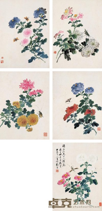 张熊 1876年作 花卉草虫 册页（十二开选五） 39×28cm×12