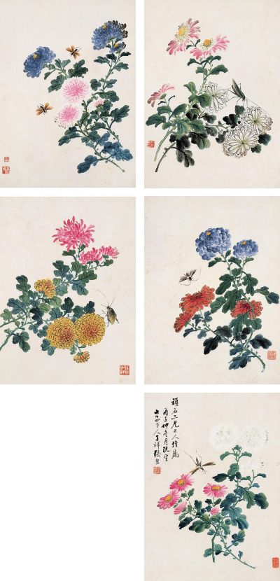 张熊 1876年作 花卉草虫 册页（十二开选五）