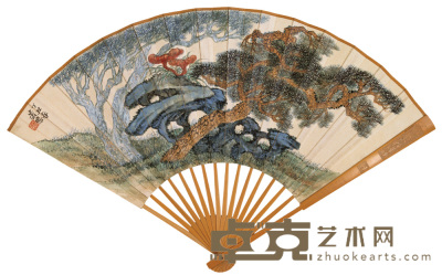 萧愻 1937年作 松芝图 成扇 19.5×51cm