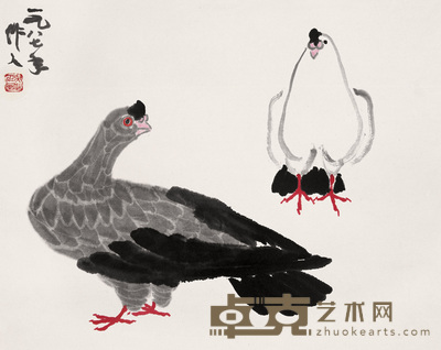 吴作人 1987年作 双鸽 立轴 33.5×42cm