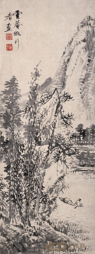罗牧 秋溪泛舟 立轴 94×35.5cm
