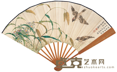 屈兆麟 1926年作 花鸟 成扇 19.5×52cm