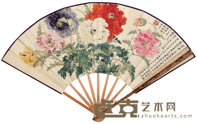 吴煦 1935年作 花卉 成扇 18.5×50cm