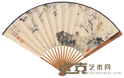 王雪涛 1939年作 竹石草虫 成扇 18.5×47.5cm