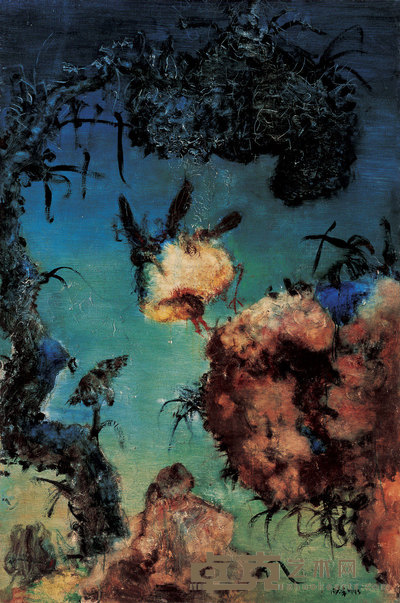 周春芽 石头系列-石头 树 鸟 195×130cm