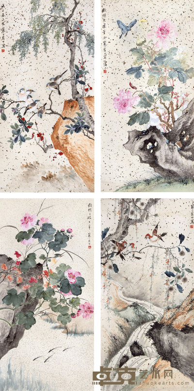 江寒汀 1948年作 四季花鸟 立轴 105×51.5cm×4