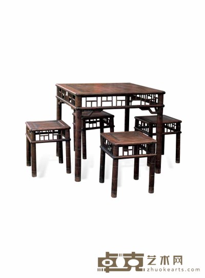 民国 花梨竹节方桌 凳（五件） 43×57.5×109cm