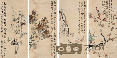 姚华 四季花卉 四屏 66×32cm×4