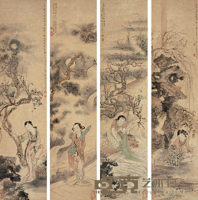 蔡鹤汀 四美图 四屏 120×28.5cm×4