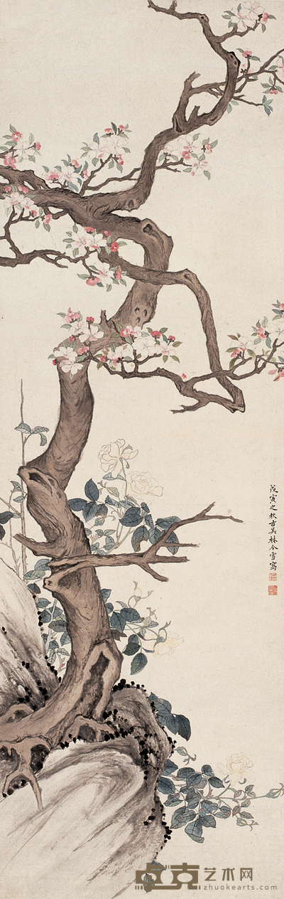 林今雪 杏花图 轴 106×37cm