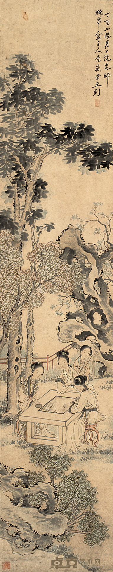 王钊 桐荫对奕图 轴 132×26cm