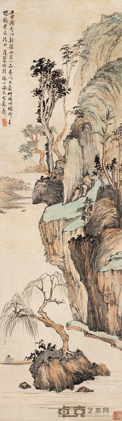 杨清盘 柳溪钓艇 轴 113×33cm