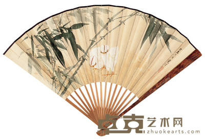 江寒汀 高野侯 翠竹双吉图 隶书 成扇 