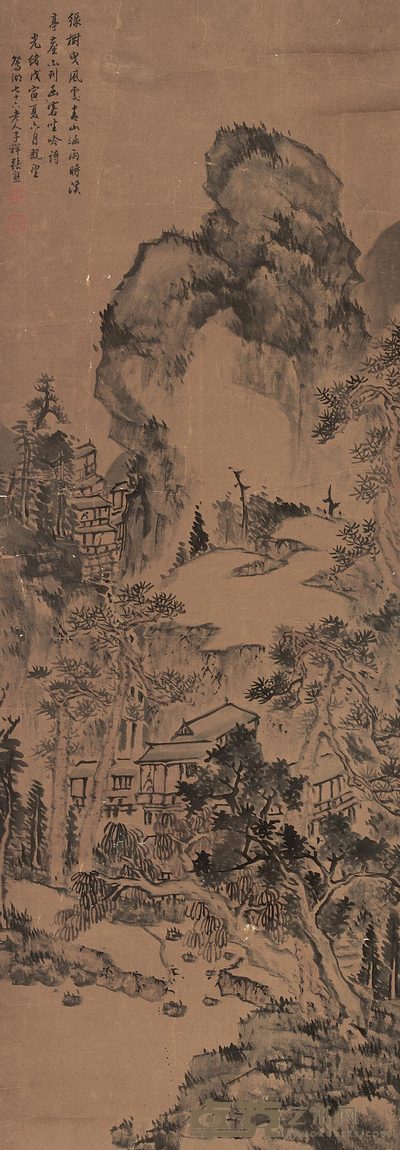 张熊 1878年作 青山涵雨 轴 122×43cm