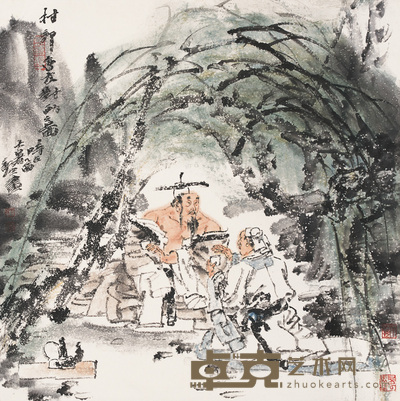 于新生 2005年作 村郭会友对酌图 轴 68×68cm