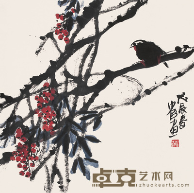 刑少臣 1988年作 雀登枝 轴 68×68cm