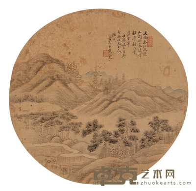 戴兆春 秋山萧寺图 团扇面 