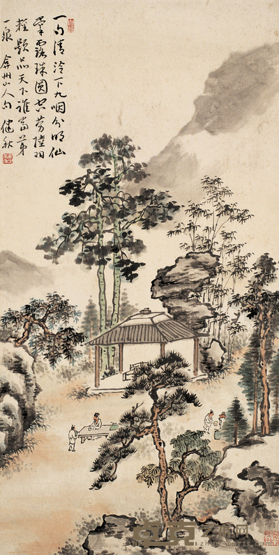 诸健秋 草堂品茗 片 66×33cm