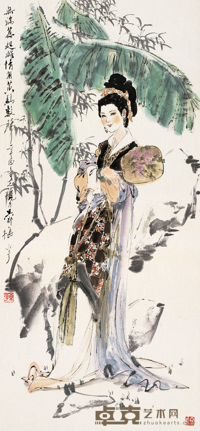 颜梅华 蕉荫仕女图 片 96×45cm