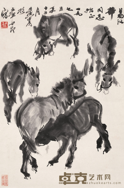 黄冑 1975年作 五驴图 镜心 70×46cm