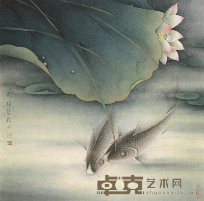 李小白 荷塘双鲤图 立轴 67×66cm