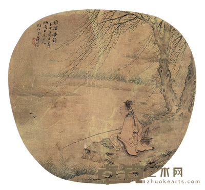 莲溪 柳阴垂钓 扇面 