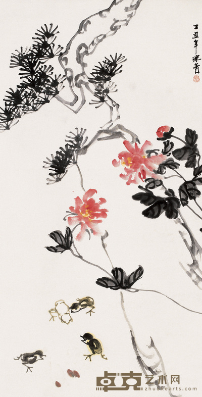 李味青 菊禽图 立轴 117×60.5cm