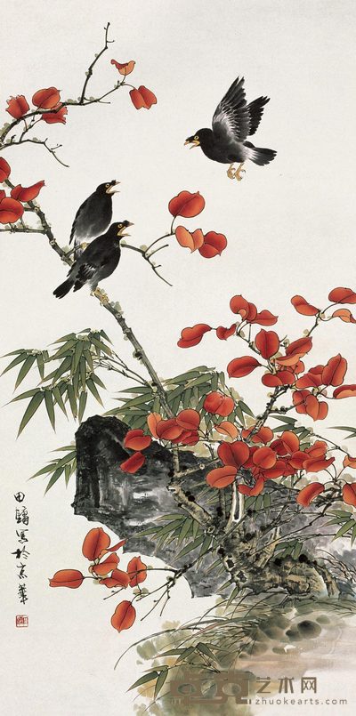 田镛 竹雀山茶图 镜心 64×51cm