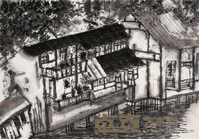 何加林 近水人家 镜心 45×65cm