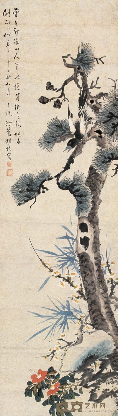 胡振 花鸟 镜心 132×38cm