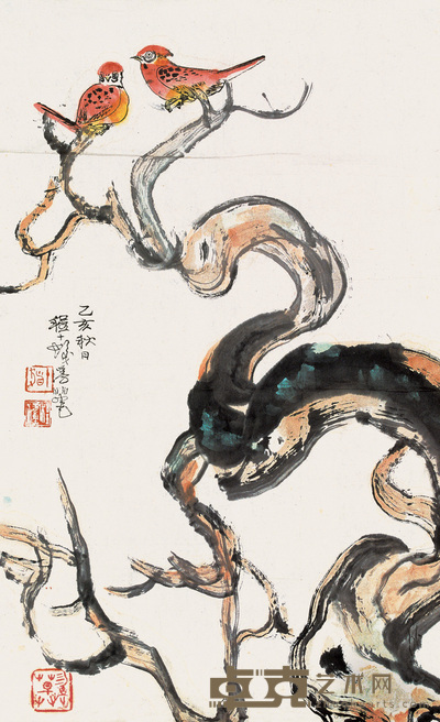 程十发 枯树双禽图 立轴 64×39cm
