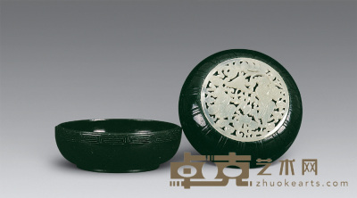 现代 和田玉墨绿嵌合和二仙圆形盖盒 高4.8cm；直径8cm