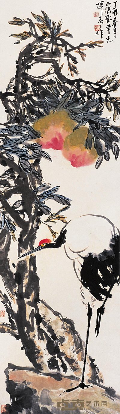 张聿光 寿桃仙鹤 立轴 120×30cm