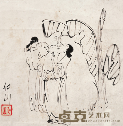 苏长春 芭蕉仕女 立轴 30×30cm