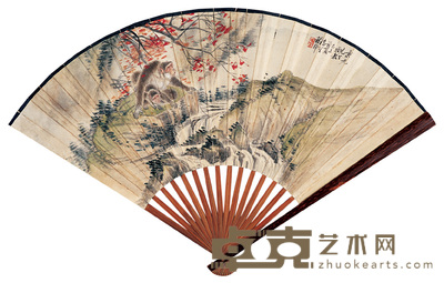程璋 泉上枫猴 成扇 18×50cm