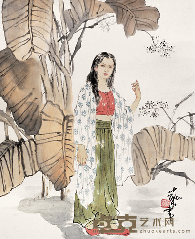 何家英 芭蕉少妇 镜心 55×68cm