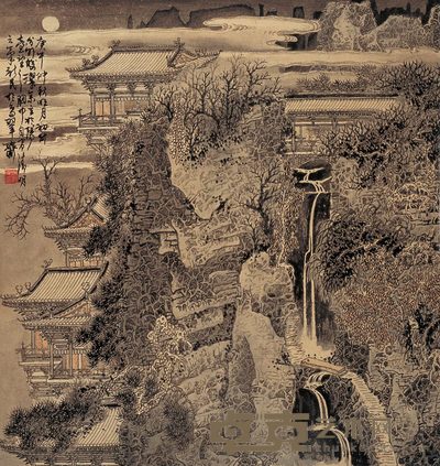 游新民 楼台月色 立轴 51×49cm
