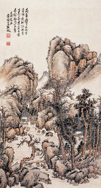 吴徵 山村秋水图 立轴