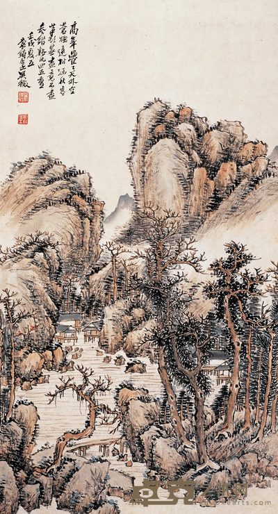 吴徵 山村秋水图 立轴 71×38cm