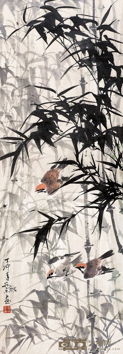 乔木 竹林雀噪 立轴 90×31cm