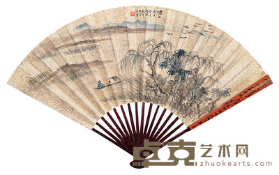 徐华 鹭汀泛艇 成扇 18×50cm