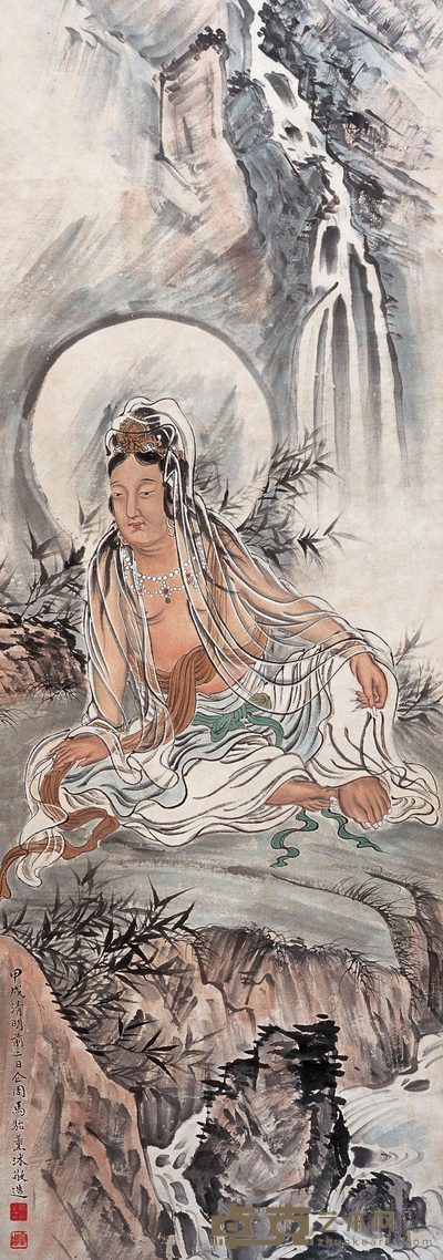 马企周 坐岩岩观音 立轴 113×40cm