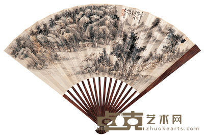 沈铭 江村雨霁 成扇 18×51cm