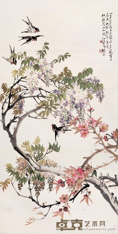 胡汀鹭 花鸟 立轴 134×68cm