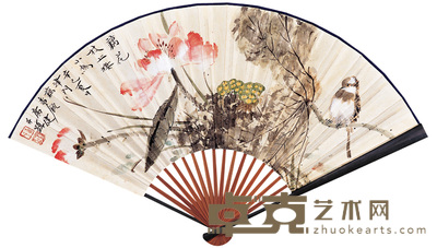 贾广健 荷花小鸟 成扇 18×50cm