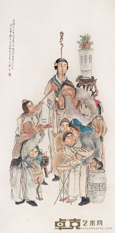 钱慧安 七子嬉春图 立轴 135×67cm