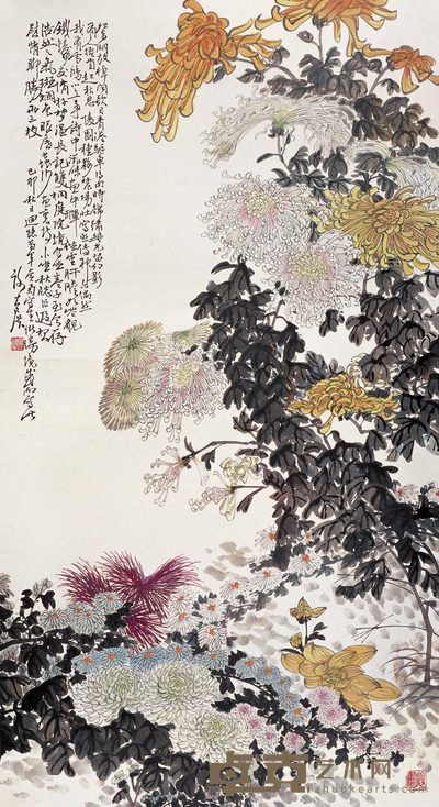 谢公展 秋菊斗艳图 立轴 141×77cm
