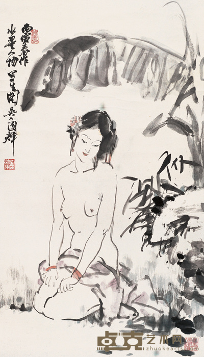 刘国辉 蕉阴仕女 立轴 69×40cm